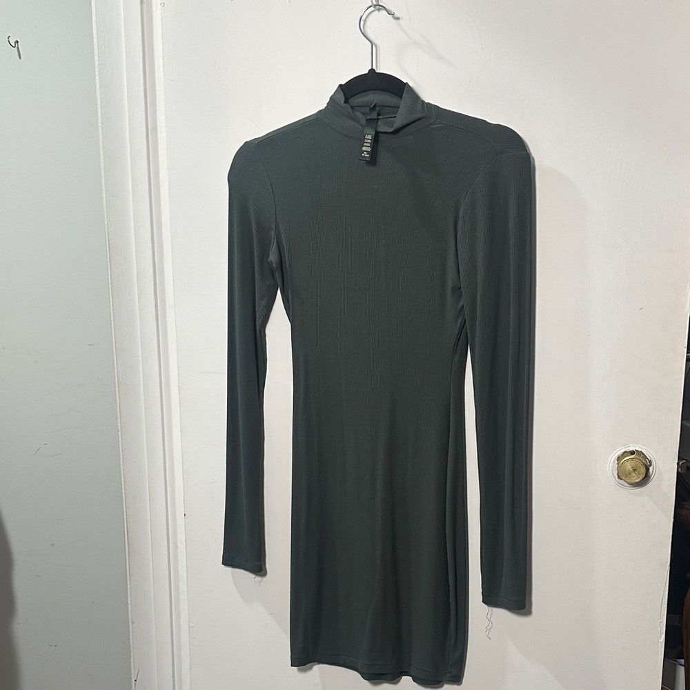 Skims Dark Green Long Sleeve Ribbed Dress XS